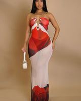 Enchanted Bloom Mesh Maxi Dress - RED/ Off White full body look paired with heels and statement jewelry