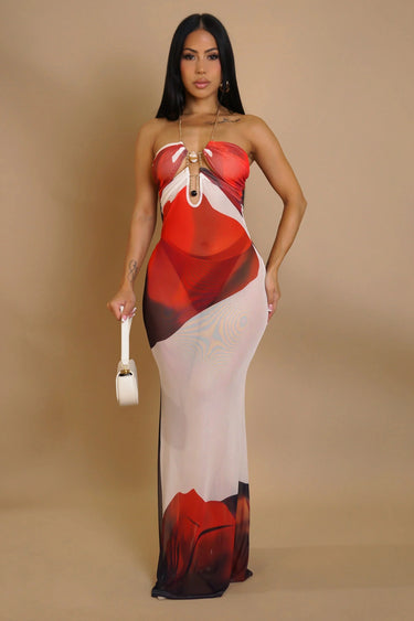 Enchanted Bloom Mesh Maxi Dress - RED/ Off White full body look paired with heels and statement jewelry