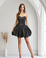 Enchanted Bloom Organza Bubble Mini Dress - Black - Palazzo Couture Online