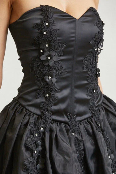 Enchanted Bloom Organza Bubble Mini Dress - Black close up detail of elegant design