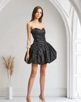 Enchanted Bloom Organza Bubble Mini Dress - Black side view highlighting short hemline