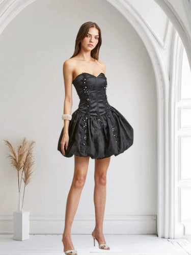 Enchanted Bloom Organza Bubble Mini Dress - Black side view highlighting short hemline