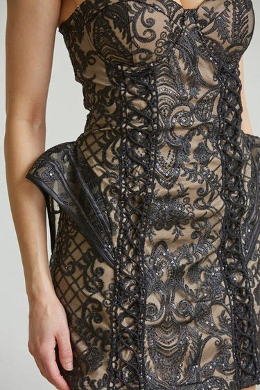 Enchanted Blossom 3D Hip Mini Dress (Black) side view highlighting short hemline