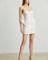 Enchanted Blossom 3D Hip Mini Dress (White) close up detail of elegant design