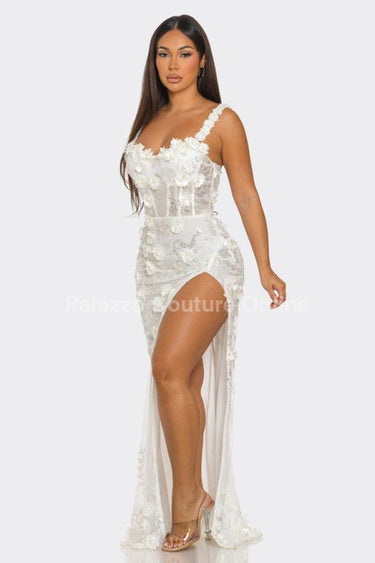 White floral sequin gown with 3D flowers and side slit