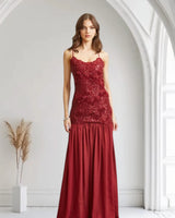 Enchanted Rosette Burgundy Sequin Gown with Chiffon Skirt close up detail of chiffon design and fabric