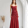 Enchanted Rosette Burgundy Sequin Gown with Chiffon Skirt close up detail of chiffon design and fabric