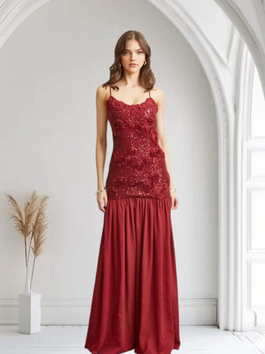 Enchanted Rosette Burgundy Sequin Gown with Chiffon Skirt front view showing full-length maxi silhouette
