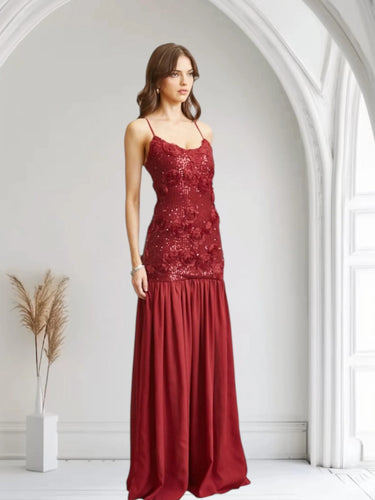 Enchanted Rosette Burgundy Sequin Gown with Chiffon Skirt side view highlighting floor-length hemline