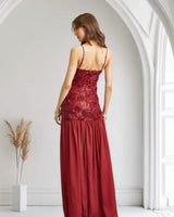 Enchanted Rosette Sequin Gown - Burgundy - Palazzo Couture Online