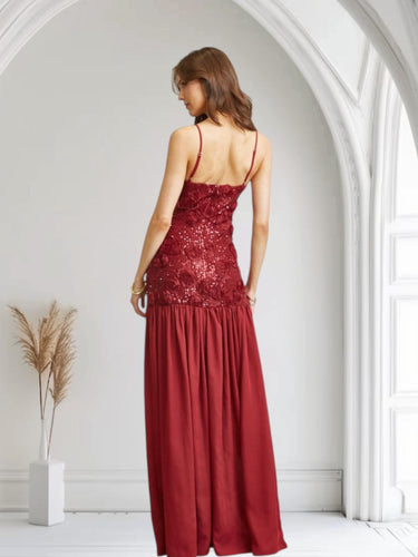 Enchanted Rosette Sequin Gown - Burgundy - Palazzo Couture Online