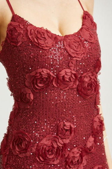 Enchanted Rosette Sequin Gown - Burgundy - Palazzo Couture Online