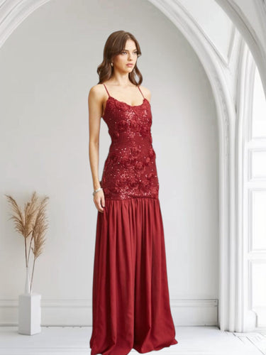 Enchanted Rosette Sequin Gown - Burgundy - Palazzo Couture Online