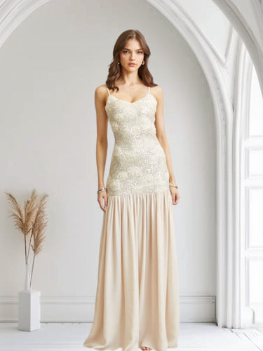 Enchanted Rosette Sequin Gown - Champagne - Palazzo Couture Online