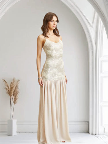 Enchanted Rosette Sequin Gown - Champagne - Palazzo Couture Online
