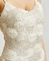Enchanted Rosette Sequin Gown - Champagne close up detail of sequin design and fabric