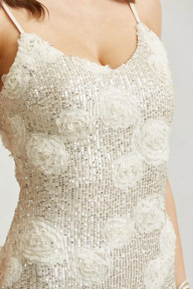Enchanted Rosette Sequin Gown - Champagne close up detail of sequin design and fabric