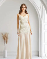 Enchanted Rosette Sequin Gown - Champagne front view showing full-length maxi silhouette