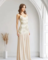 Enchanted Rosette Sequin Gown - Champagne side view highlighting floor-length hemline