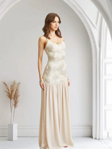 Enchanted Rosette Sequin Gown - Champagne side view highlighting floor-length hemline