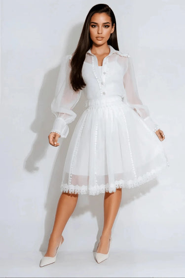 Enchanted Sheer Lace Skirt Set - White front view showing complete two piece skirt set