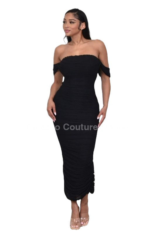 Chic black ruched off-shoulder draped maxi bodycon