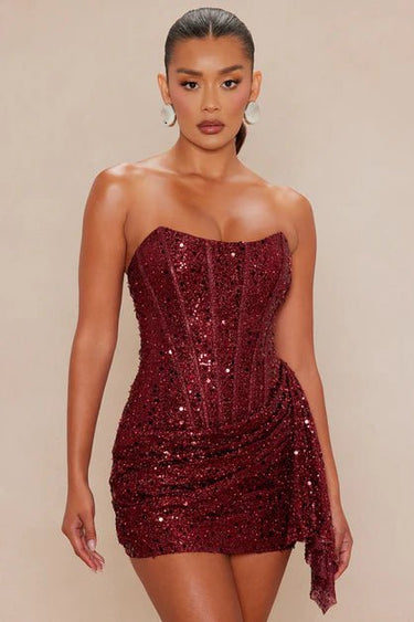 Enchantment Sequin Corset Mini Dress - Merlot - Palazzo Couture Online