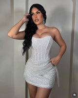 Enchantment Sequin Corset Mini Dress - White - Palazzo Couture Online