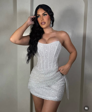 Enchantment Sequin Corset Mini Dress - White - Palazzo Couture Online