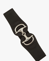 Women’s horsebit belt with wide black elastic band and silver-tone hardware