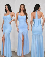 Eternal Allure Ruched Halter Maxi Dress - Baby Blue - Palazzo Couture Online