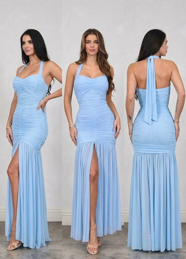 Eternal Allure Ruched Halter Maxi Dress - Baby Blue - Palazzo Couture Online