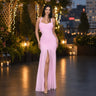 Eternal Allure Ruched Halter Maxi Dress - Baby Pink front view showing full-length maxi silhouette