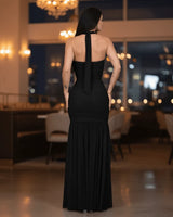 Eternal Allure Ruched Halter Maxi Dress - Black close up detail of halter design and fabric