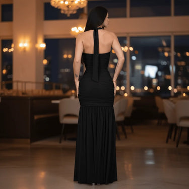 Eternal Allure Ruched Halter Maxi Dress - Black close up detail of halter design and fabric