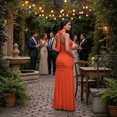 Eternal Allure Ruched Halter Maxi Dress - Orange - Palazzo Couture Online