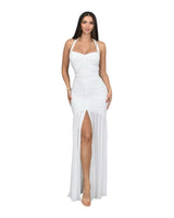 Eternal Allure Ruched Halter Maxi Dress - White front view showing full-length maxi silhouette