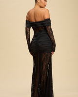 Eternal Lace Contrast Off - Shoulder Maxi Dress - Black - Palazzo Couture Online