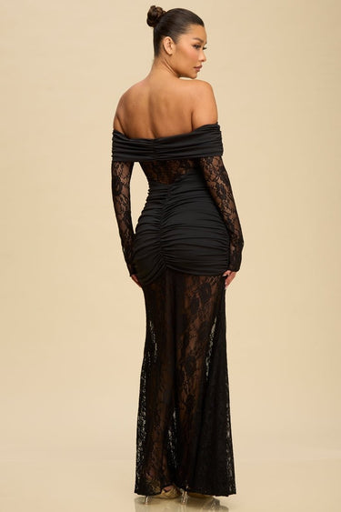 Eternal Lace Contrast Off - Shoulder Maxi Dress - Black - Palazzo Couture Online
