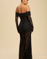 Eternal Lace Contrast Off-Shoulder Maxi Dress- Black close up detail of off-shoulder design and fabric