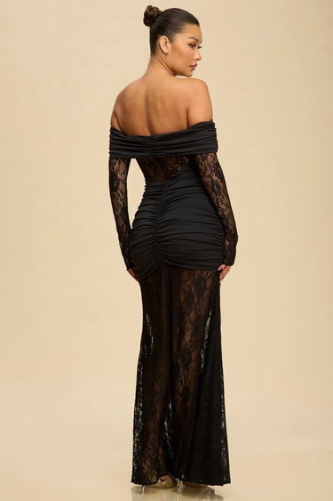 Eternal Lace Contrast Off-Shoulder Maxi Dress- Black close up detail of off-shoulder design and fabric
