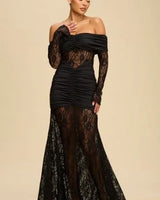 Eternal Lace Contrast Off-Shoulder Maxi Dress- Black front view showing full-length maxi silhouette