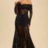 Eternal Lace Contrast Off-Shoulder Maxi Dress- Black front view showing full-length maxi silhouette