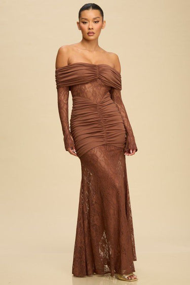 Eternal Lace Contrast Off - Shoulder Maxi Dress - Brown - Palazzo Couture Online