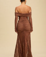 Eternal Lace Contrast Off - Shoulder Maxi Dress - Brown - Palazzo Couture Online