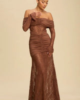 Women's Brown maxi dress off-shoulder style back view