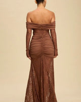 Eternal Lace Contrast Off-Shoulder Maxi Dress- Brown close up detail of off-shoulder design and fabric