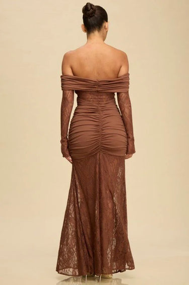 Eternal Lace Contrast Off-Shoulder Maxi Dress- Brown close up detail of off-shoulder design and fabric