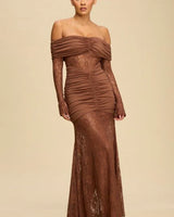 Eternal Lace Contrast Off-Shoulder Maxi Dress- Brown front view showing full-length maxi silhouette