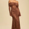 Eternal Lace Contrast Off-Shoulder Maxi Dress- Brown front view showing full-length maxi silhouette